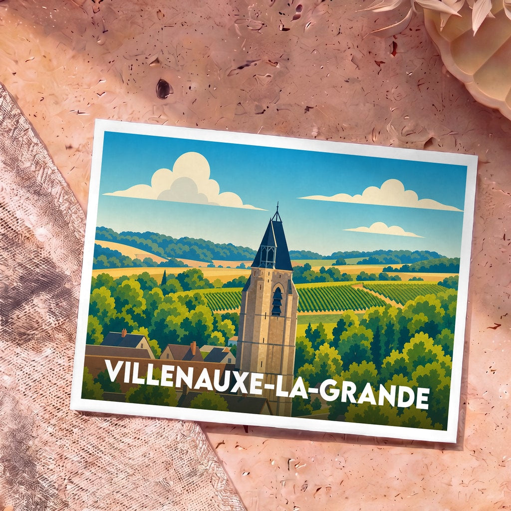 Carte postale souvenir de la ville de Villenauxe-la-Grande avec une illustration stylisée d'une église et de vignobles.