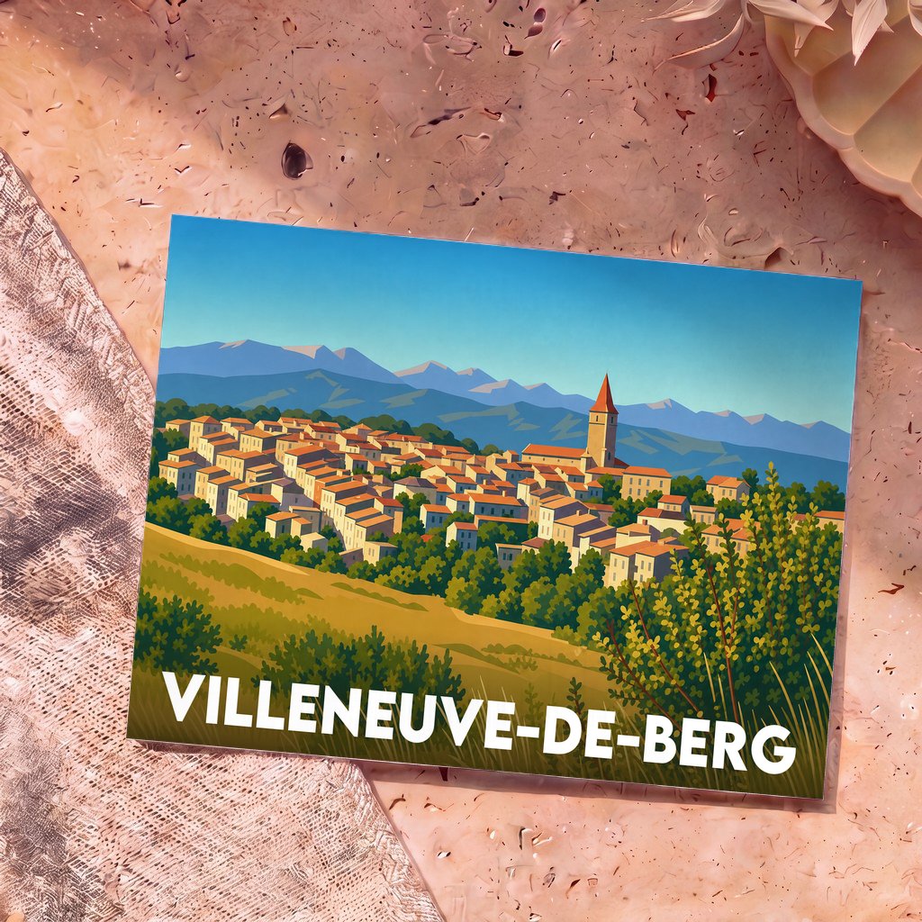 Carte postale souvenir de la ville de Villeneuve-de-Berg avec une illustration stylisée.
