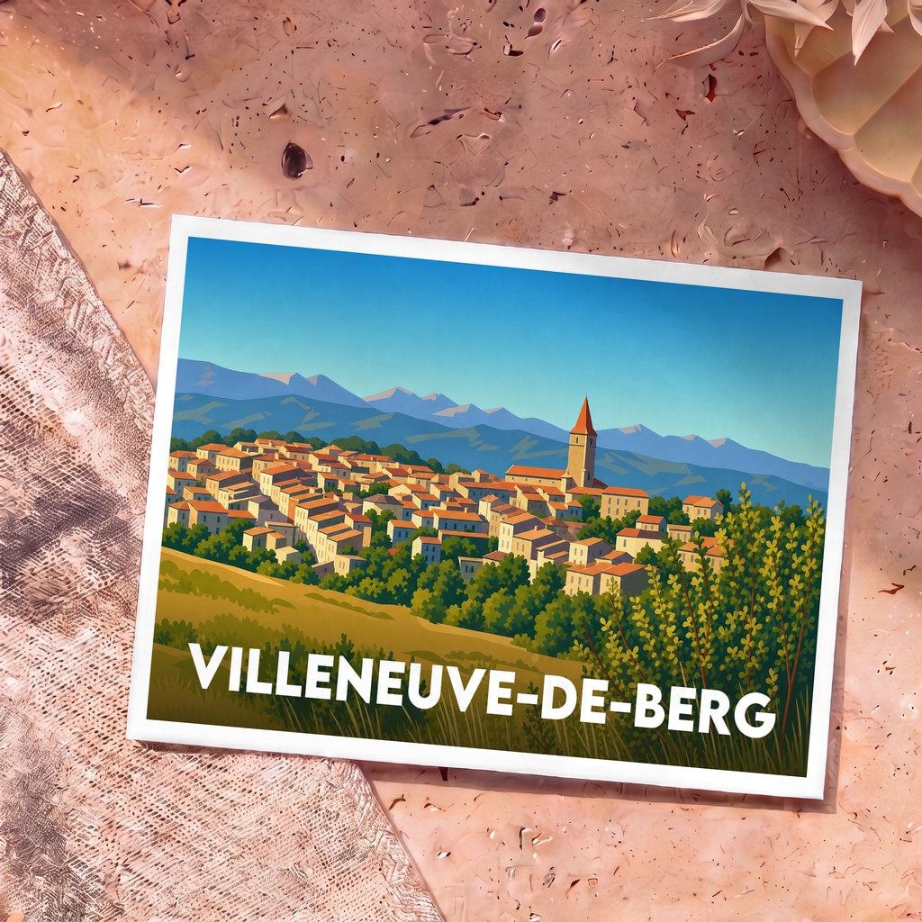 Carte postale souvenir de la ville de Villeneuve-de-Berg avec une illustration stylisée.