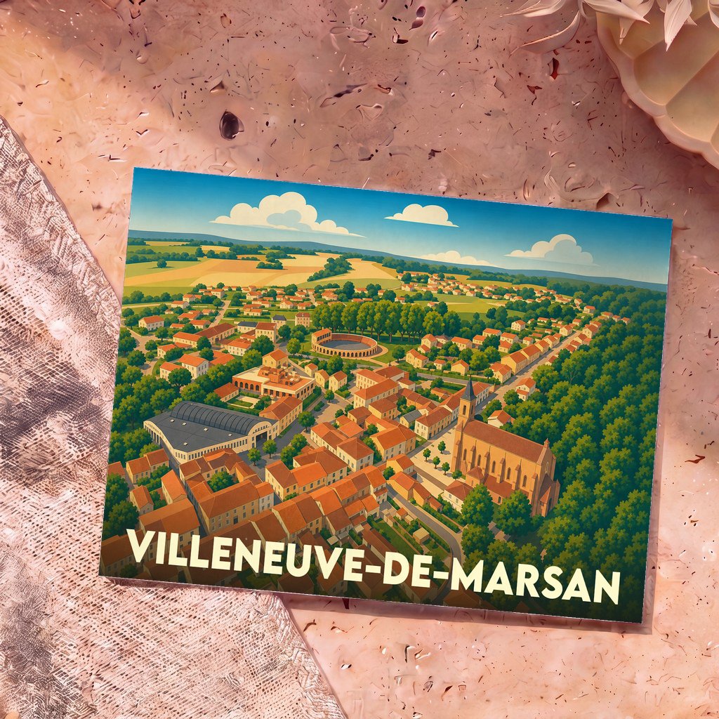 Carte postale souvenir de la ville de Villeneuve-de-Marsan avec une illustration aérienne colorée.