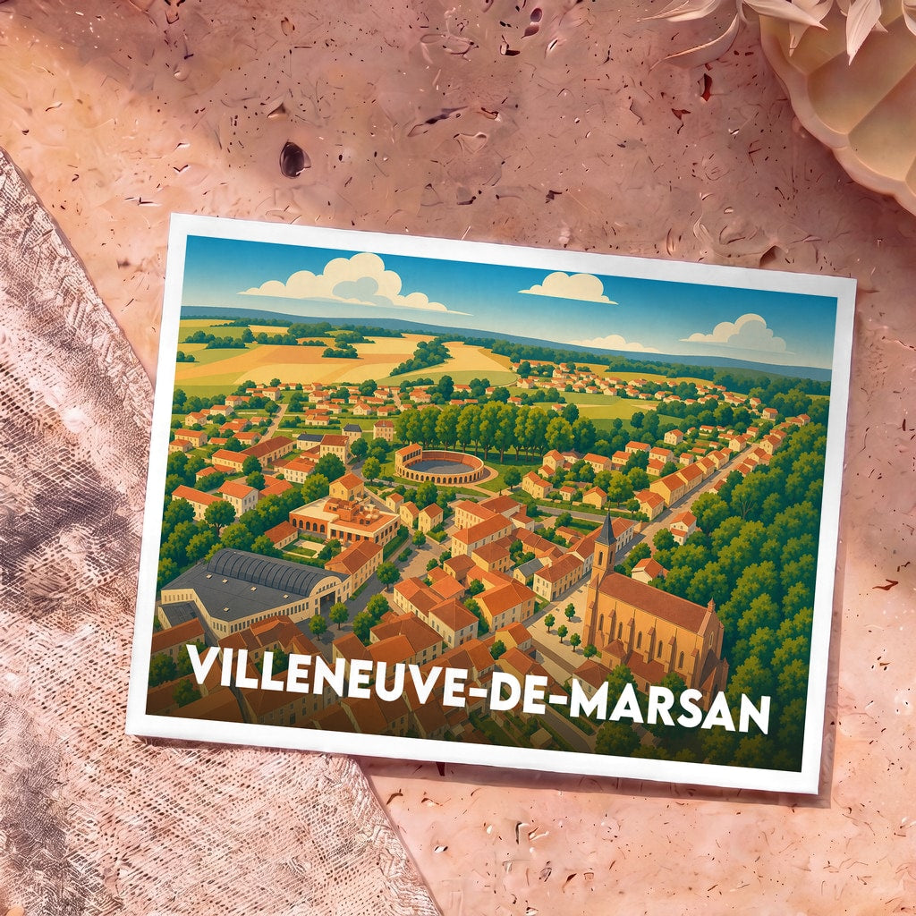 Carte postale souvenir de la ville de Villeneuve-de-Marsan avec une illustration aérienne colorée.