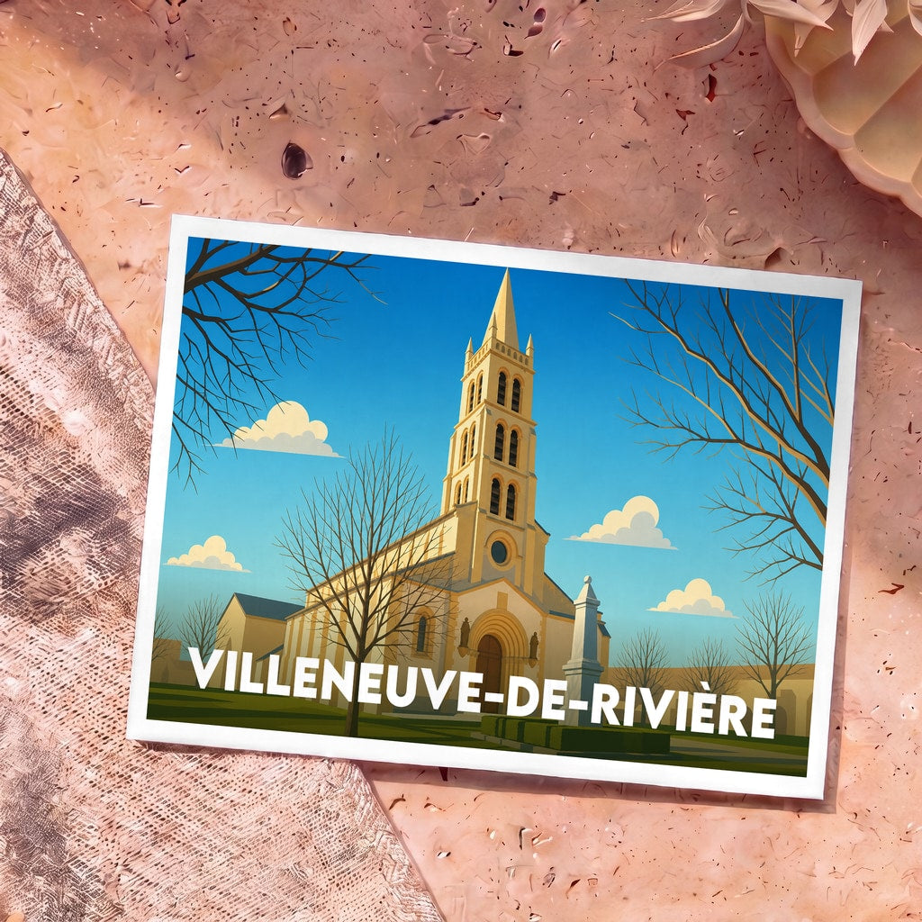 Carte postale souvenir de la ville de Villeneuve-de-Rivière avec une illustration stylisée de son église.