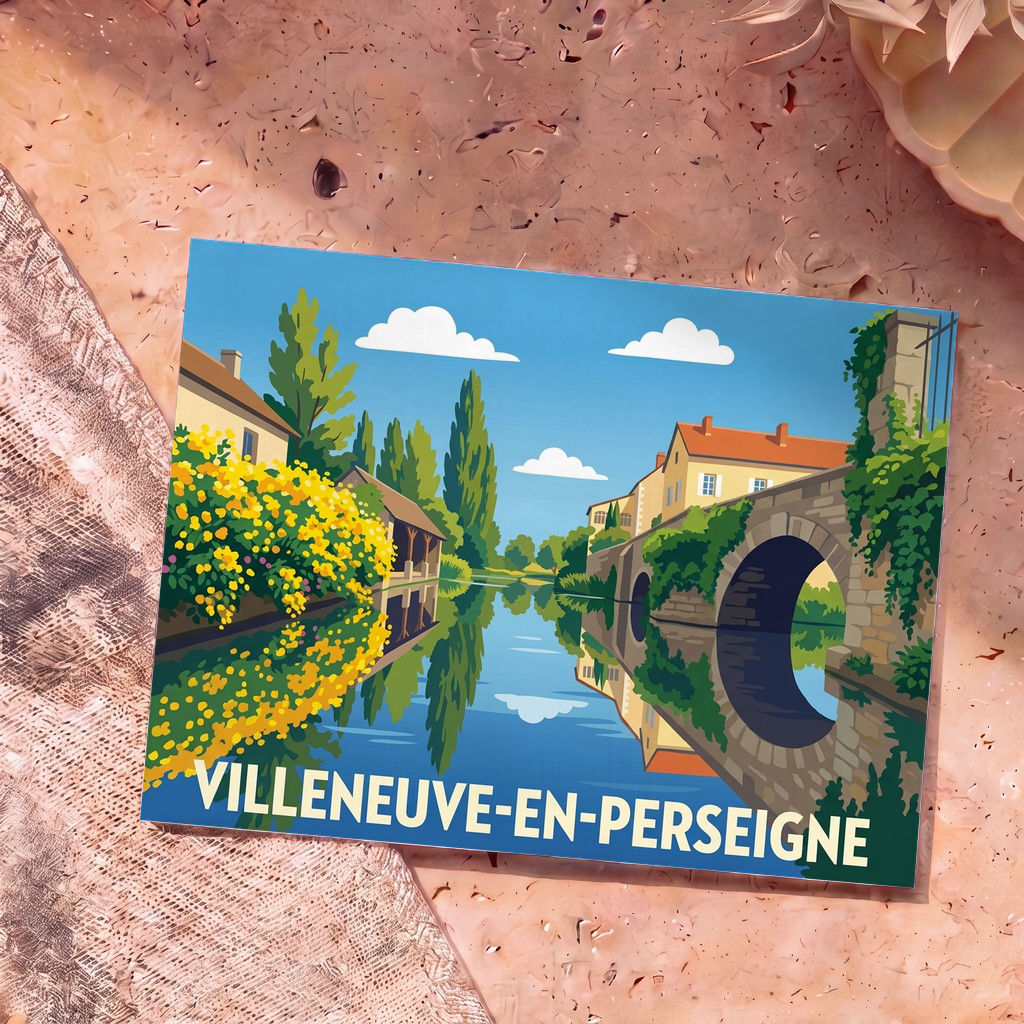 Carte postale souvenir de Villeneuve-en-Perseigne avec une illustration stylisée d'un pont en pierre et d'un canal fleuri.