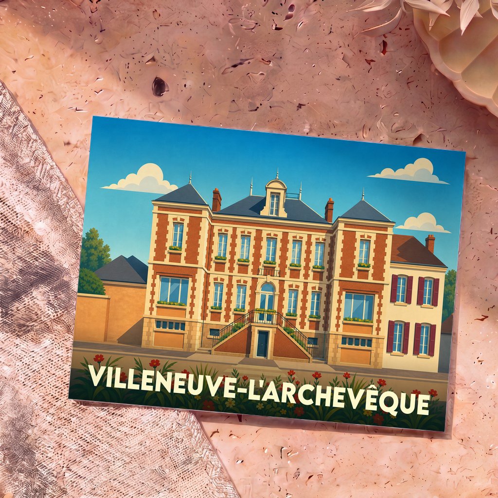 Carte postale souvenir de la ville de Villeneuve-l'Archevêque illustrant un bâtiment de briques et de pierres au style rétro.