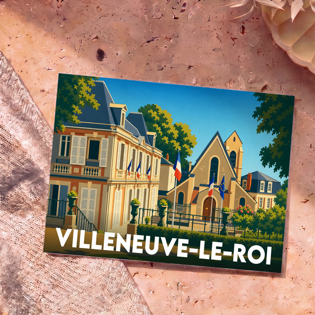 Carte postale souvenir de la ville de Villeneuve-le-Roi avec une illustration stylisée de ses bâtiments historiques.