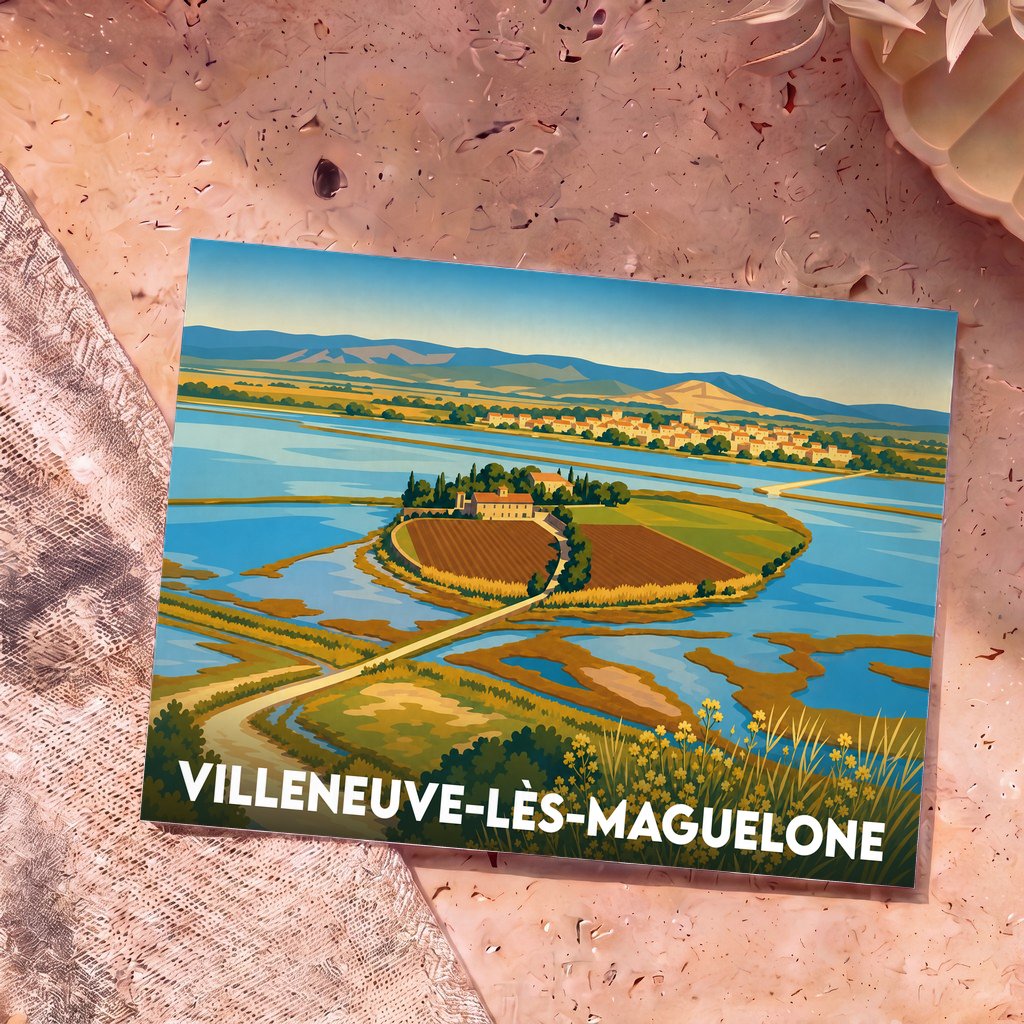 Carte postale souvenir de la ville de Villeneuve-lès-Maguelone avec une illustration stylisée de ses paysages de lagunes.