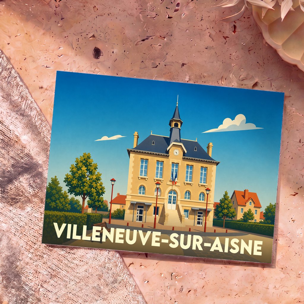 Carte postale souvenir de la ville de Villeneuve-sur-Aisne avec une illustration stylisée de sa mairie.