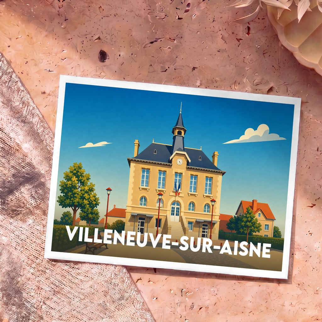 Carte postale souvenir de la ville de Villeneuve-sur-Aisne avec une illustration stylisée de sa mairie.