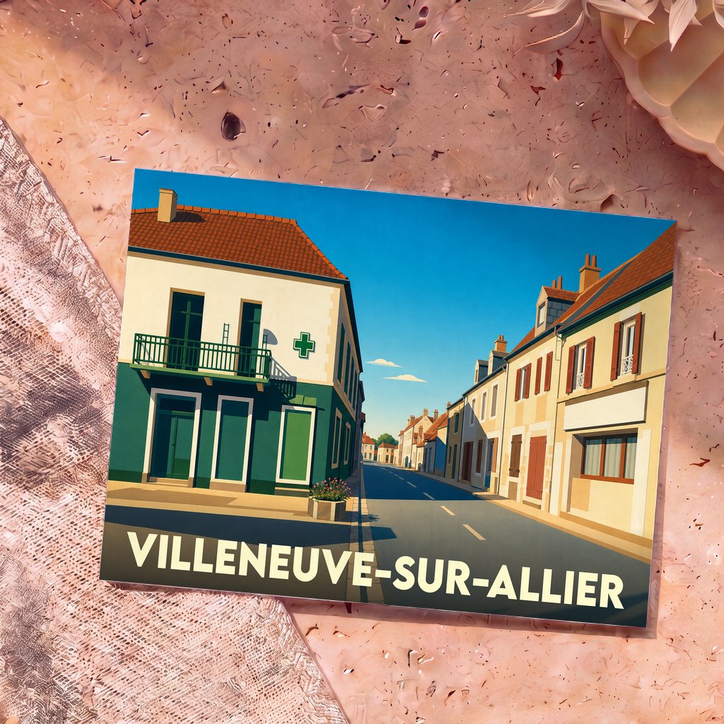 Carte postale souvenir de la ville de Villeneuve-sur-Allier avec une illustration stylisée d'une rue typique.