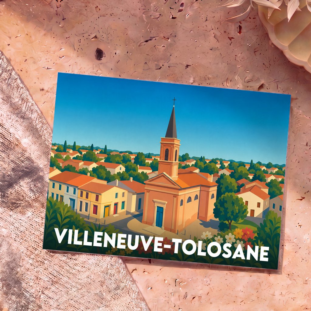 Carte postale souvenir de la ville de Villeneuve-Tolosane avec une illustration colorée et stylisée de son église et de ses toits.