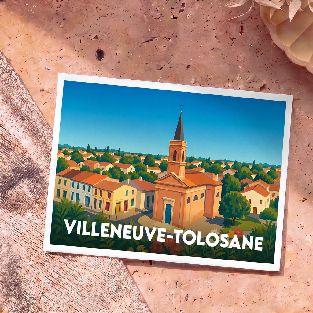 Carte postale souvenir de la ville de Villeneuve-Tolosane avec une illustration colorée et stylisée de son église et de ses toits.
