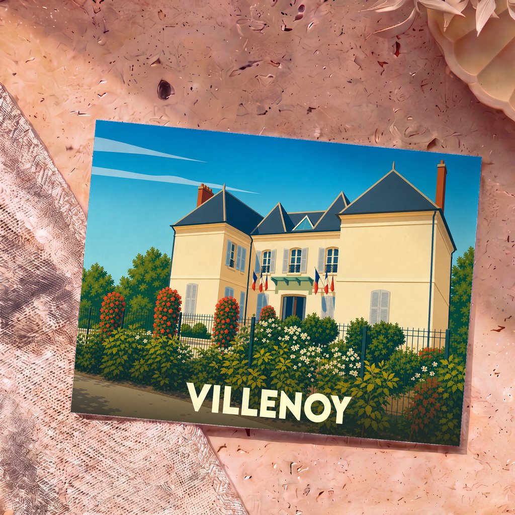 Carte postale souvenir de la ville de Villenoy avec une illustration stylisée de son hôtel de ville fleuri.