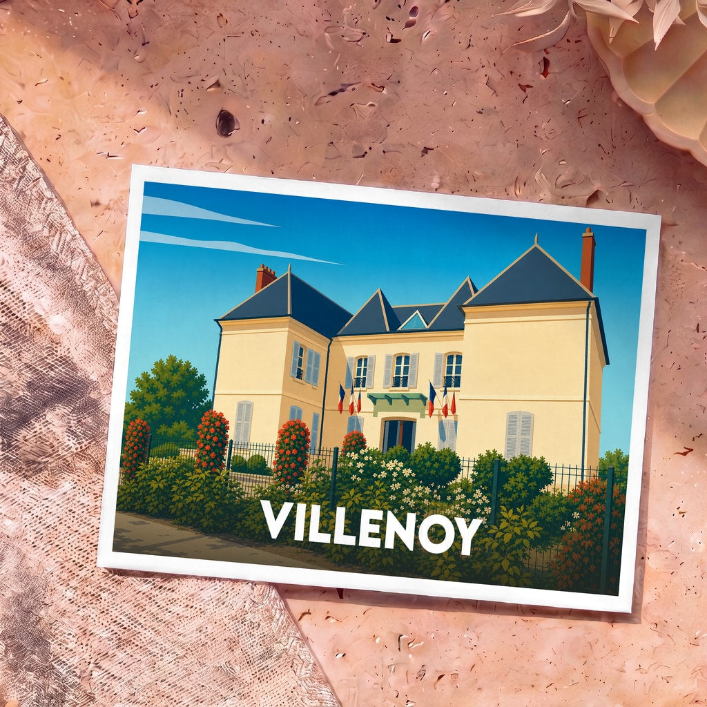 Carte postale souvenir de la ville de Villenoy représentant une illustration stylisée de sa mairie.