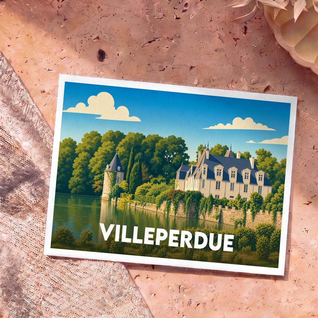 Carte postale souvenir de la ville de Villeperdue illustrant un château au bord de l'eau dans un style graphique.