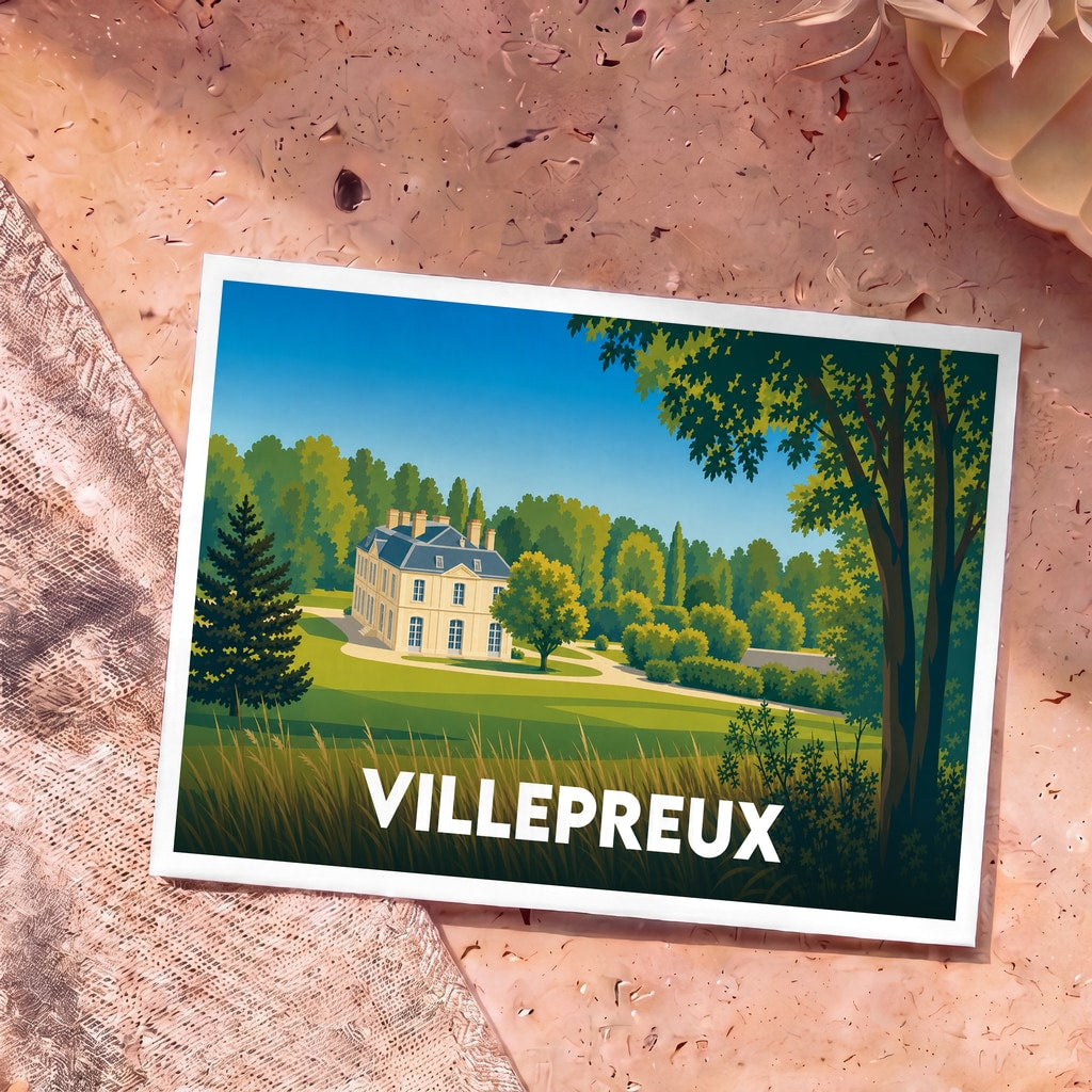 Carte postale souvenir de la ville de Villepreux avec une illustration stylisée de son château dans un parc verdoyant.
