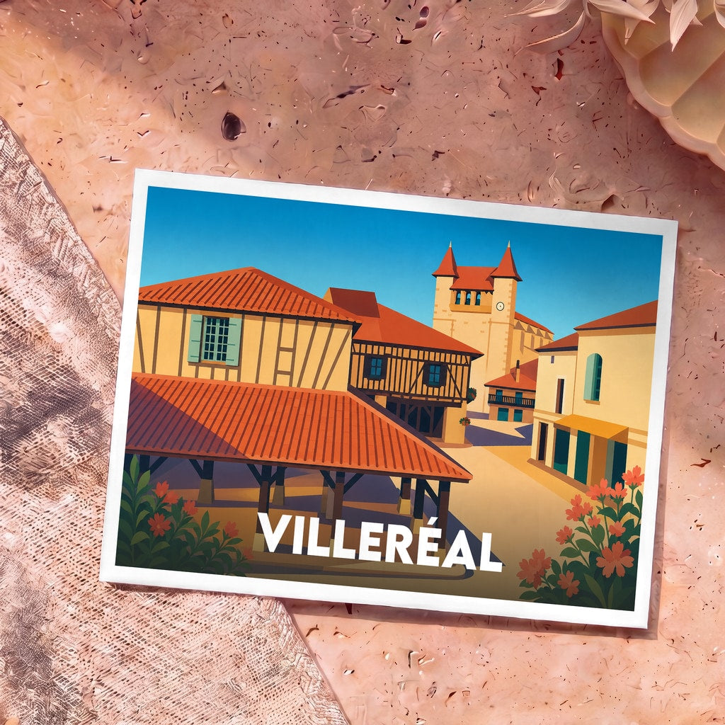 Carte postale souvenir de la ville de Villeréal avec une illustration stylisée de sa halle médiévale et de son église.