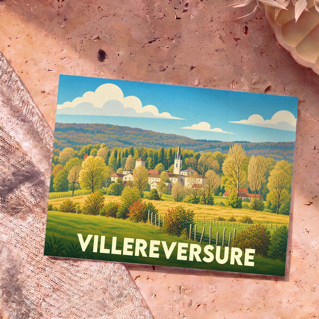 Carte postale souvenir de la ville de Villereversure avec une illustration stylisée d'un paysage rural.