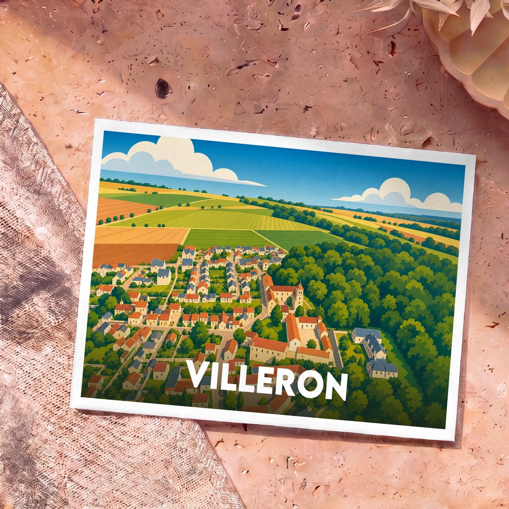 Carte postale souvenir de la ville de Villeron avec une illustration stylisée vue du ciel.