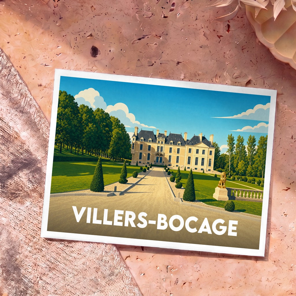 Carte postale souvenir de la ville de Villers-Bocage illustrant un château majestueux dans un style graphique épuré.