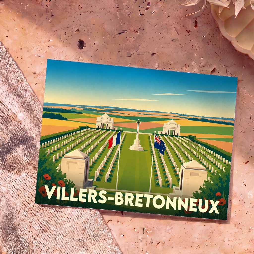 Carte postale souvenir de la ville de Villers-Bretonneux avec une illustration stylisée de son mémorial australien.