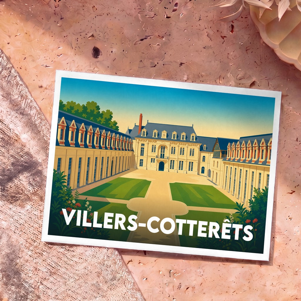 Carte postale souvenir de la ville de Villers-Cotterêts avec une illustration stylisée de son château.