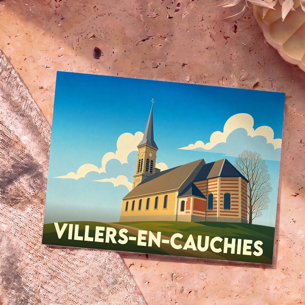 Carte postale souvenir de la ville de Villers-en-Cauchies avec une illustration stylisée de son église.