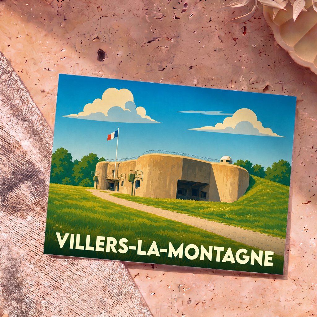 Carte postale souvenir de la ville de Villers-la-Montagne illustrant un ouvrage de la ligne Maginot dans un style épuré.