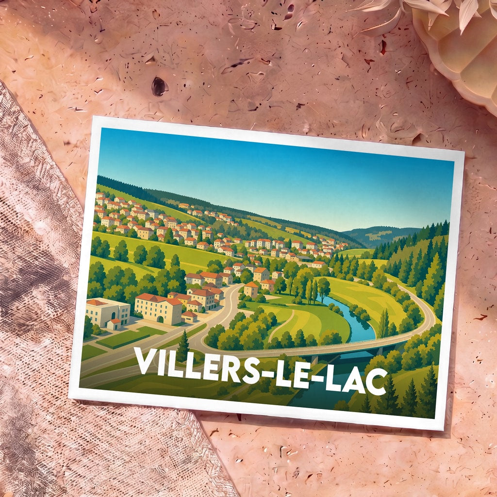Carte postale souvenir de la ville de Villers-le-Lac avec une illustration stylisée de ses paysages.
