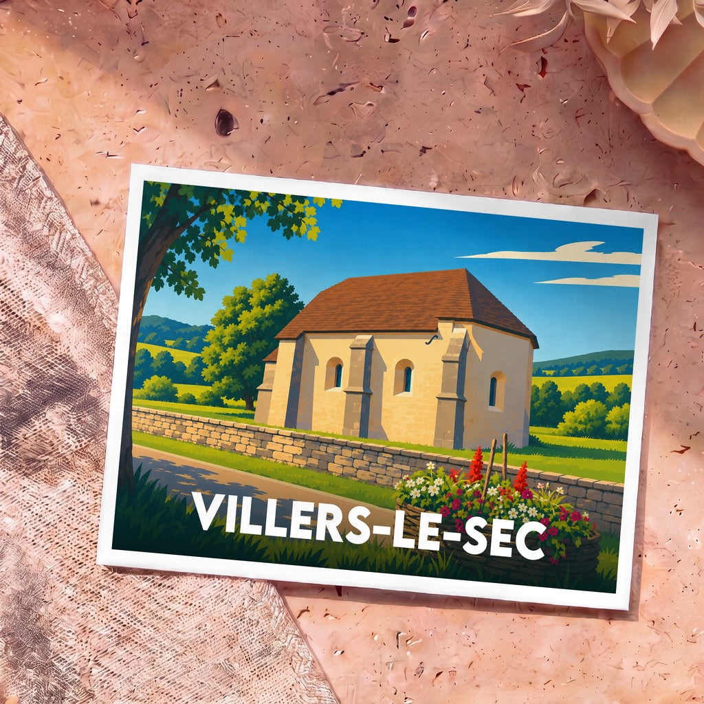 Carte postale souvenir de la ville de Villers-le-Sec avec une illustration stylisée de son église dans un paysage verdoyant.
