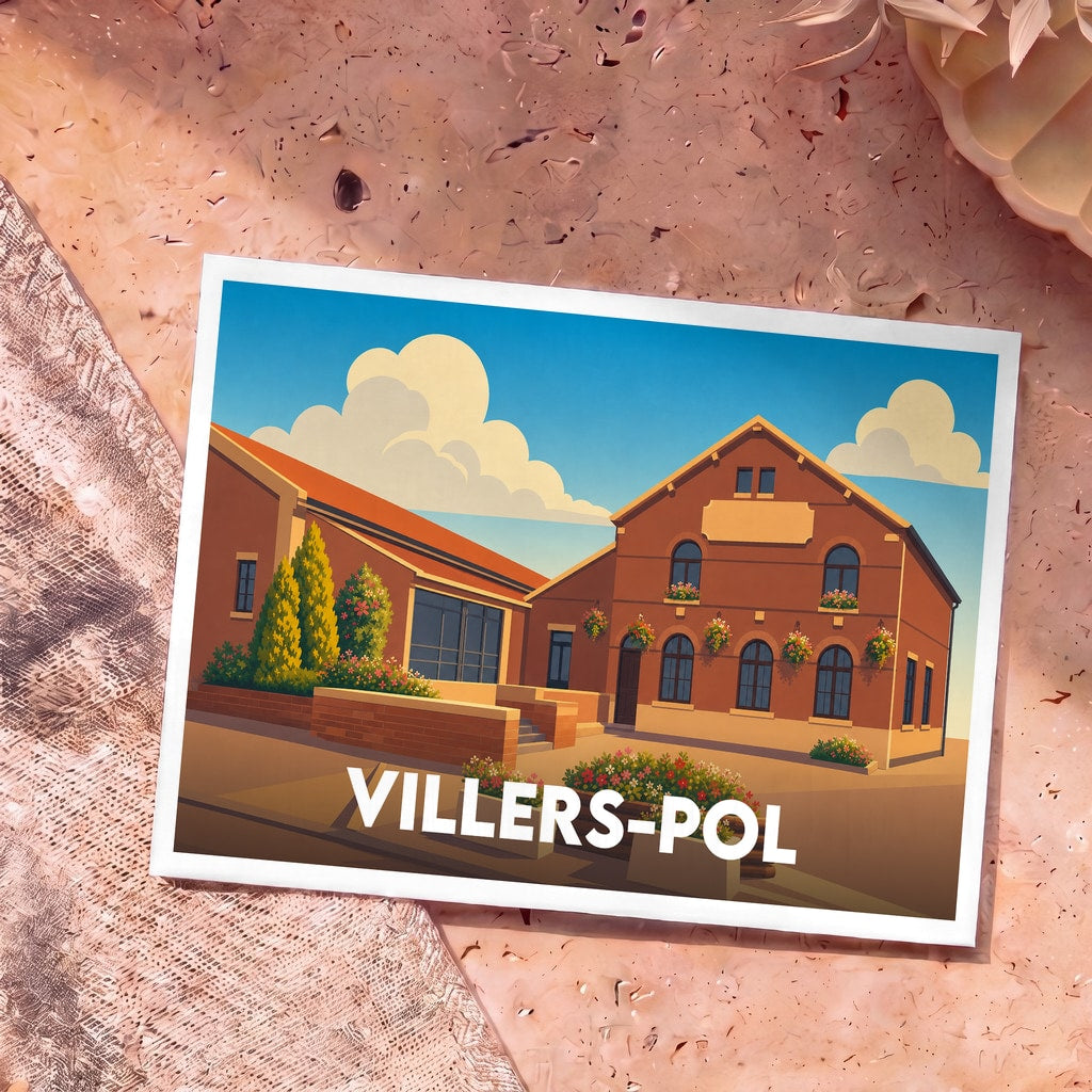 Carte postale souvenir de la ville de Villers-Pol avec une illustration stylisée d'un bâtiment en briques fleuri sous un ciel azur.