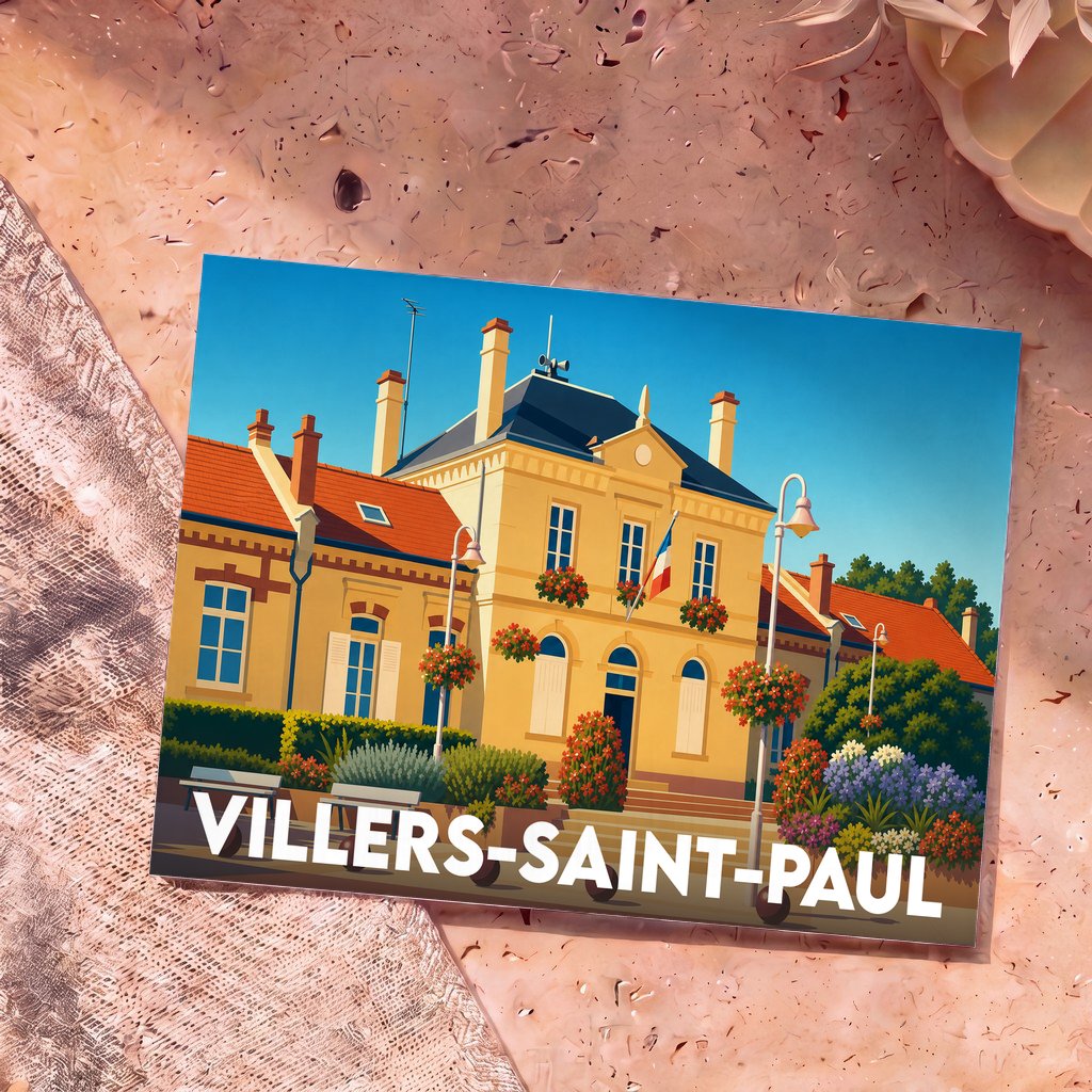Carte postale souvenir de la ville de Villers-Saint-Paul illustrant la mairie avec un style graphique épuré.