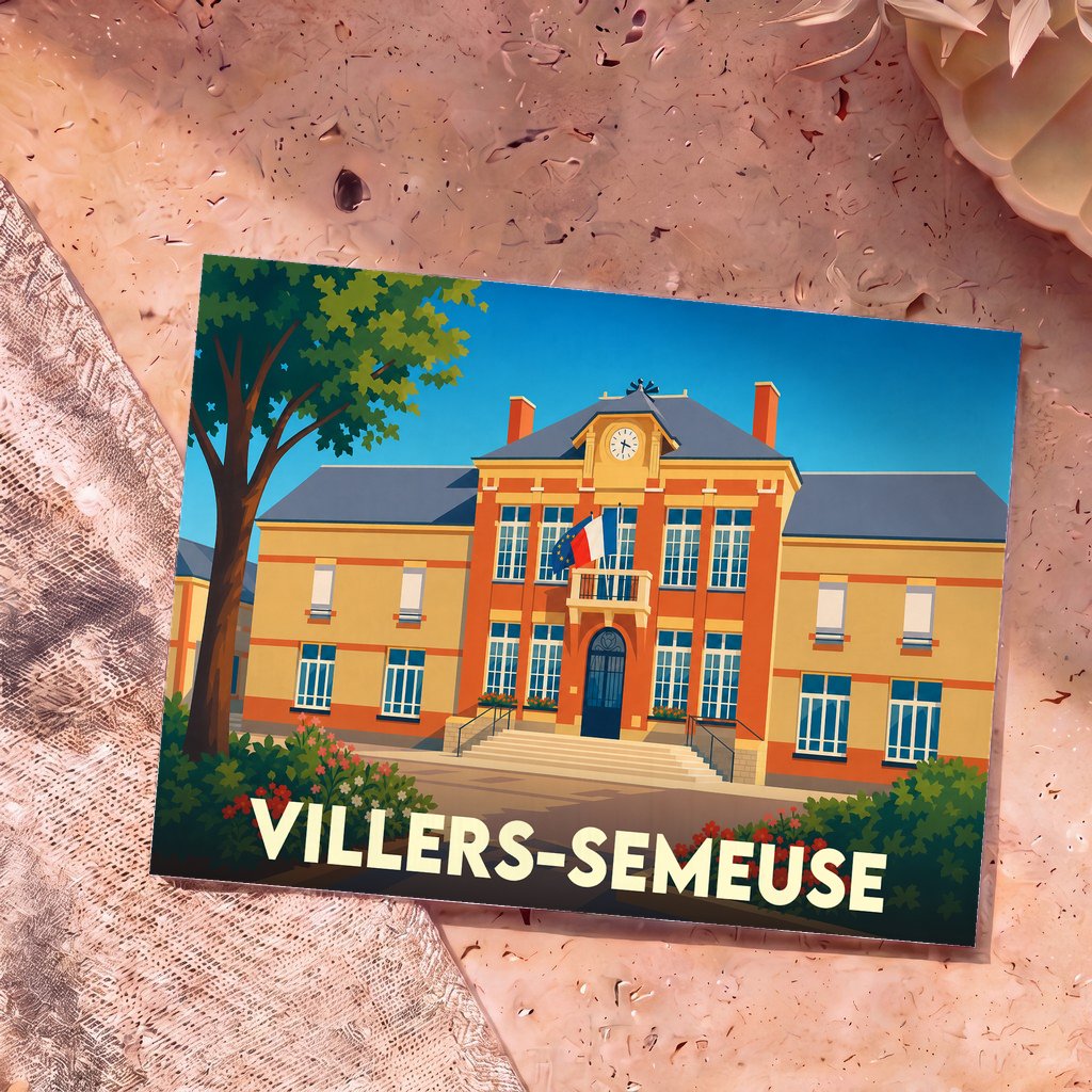 Carte postale souvenir de la ville de Villers-Semeuse illustrant son hôtel de ville dans un style graphique épuré.