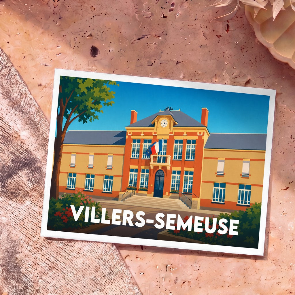 Carte postale souvenir de la ville de Villers-Semeuse illustrant son hôtel de ville dans un style graphique épuré.