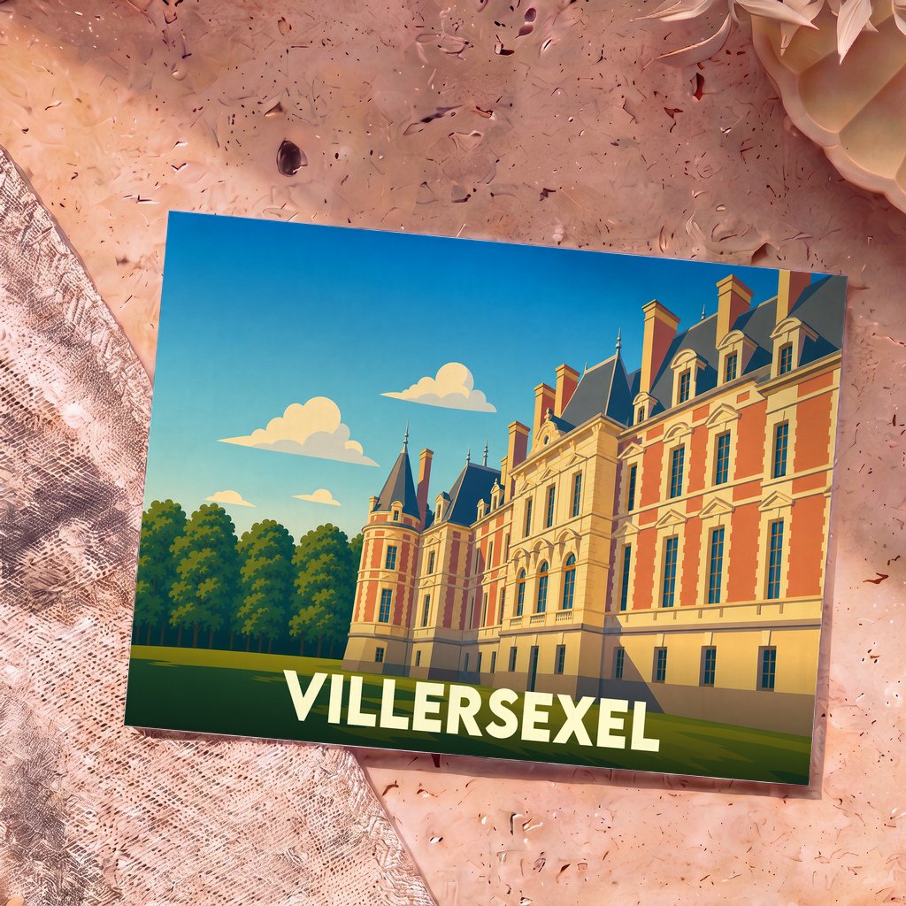 Carte postale souvenir de la ville de Villersexel représentant son château avec une illustration stylisée.