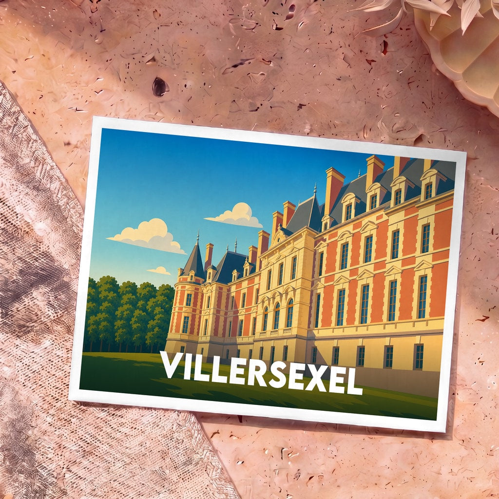 Carte postale souvenir de la ville de Villersexel représentant son château avec une illustration stylisée.