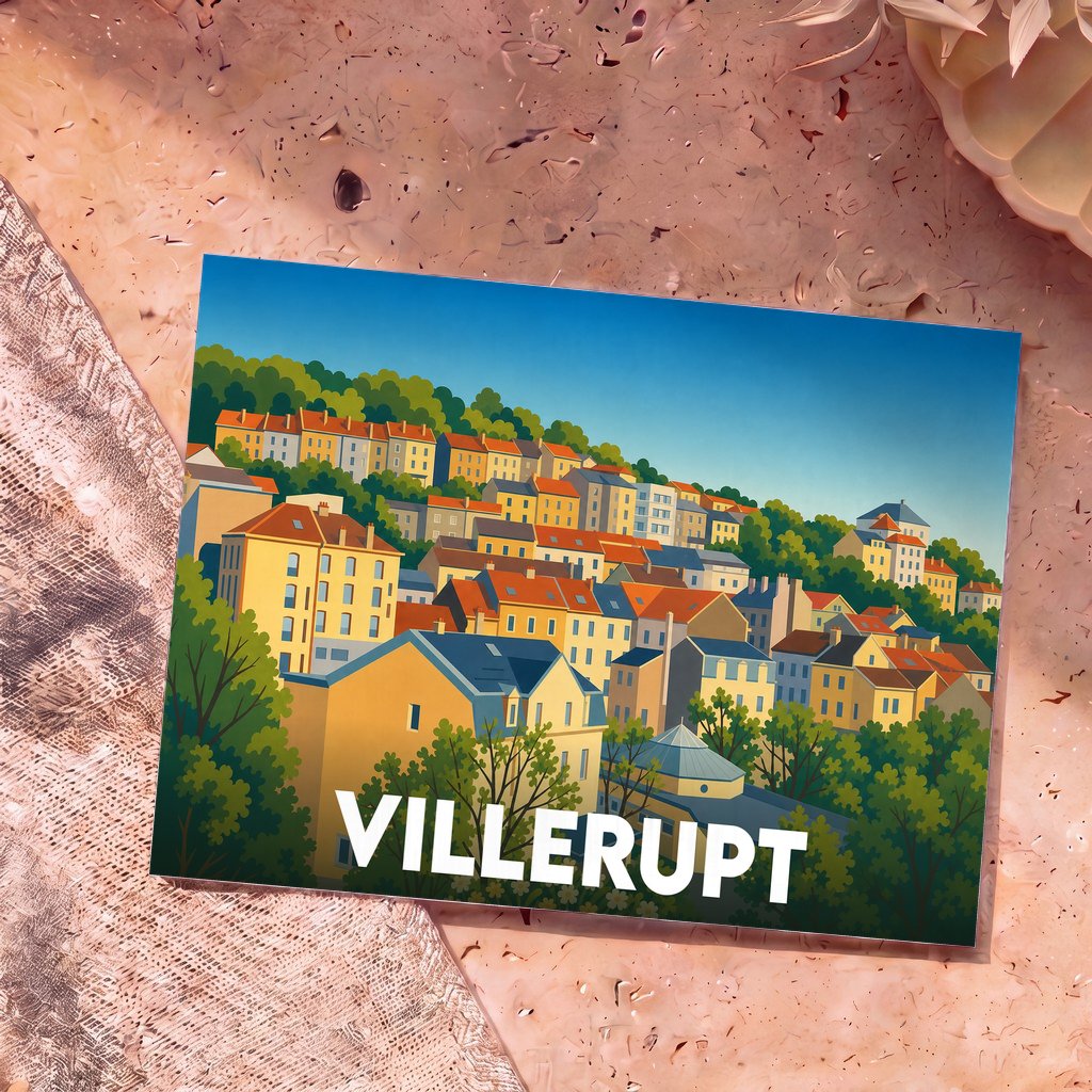 Carte postale souvenir de la ville de Villerupt avec une illustration colorée et stylisée de ses maisons en relief.