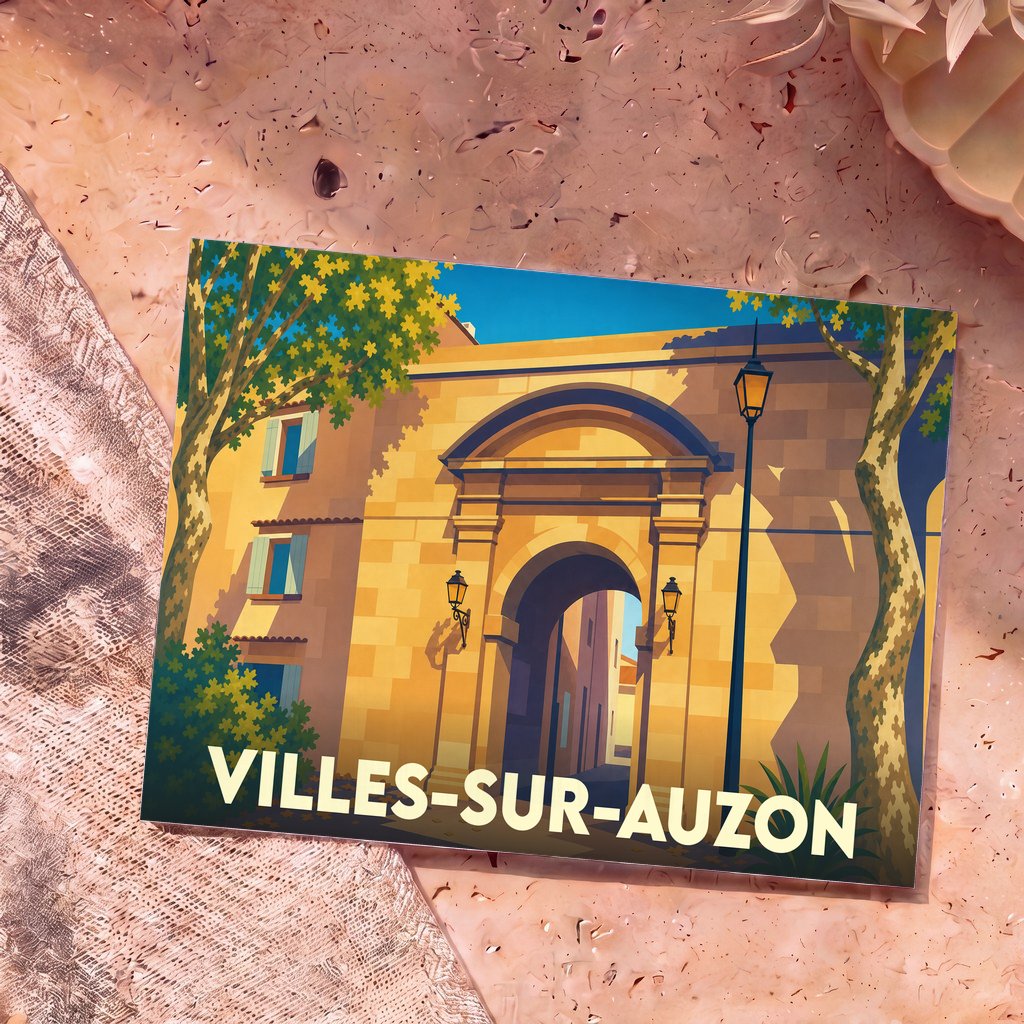 Carte postale souvenir de la ville de Villes-sur-Auzon avec une illustration stylisée de sa porte historique sous le soleil.