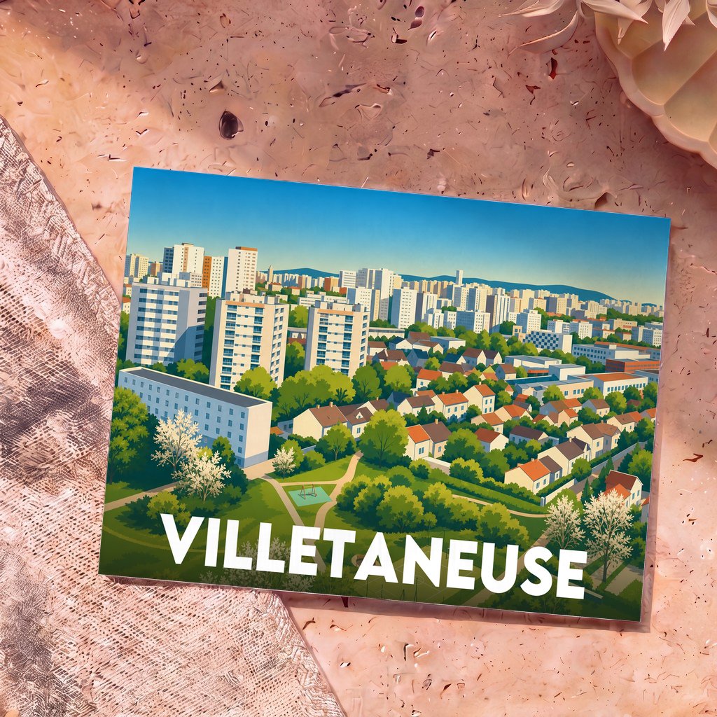 Carte postale souvenir de la ville de Villetaneuse avec une illustration stylisée.