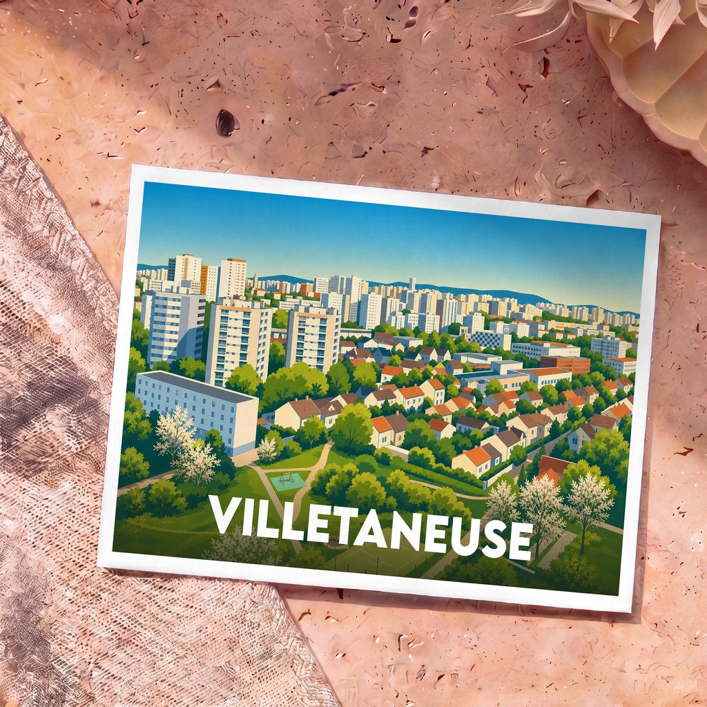 Carte postale souvenir de la ville de Villetaneuse avec une illustration stylisée.