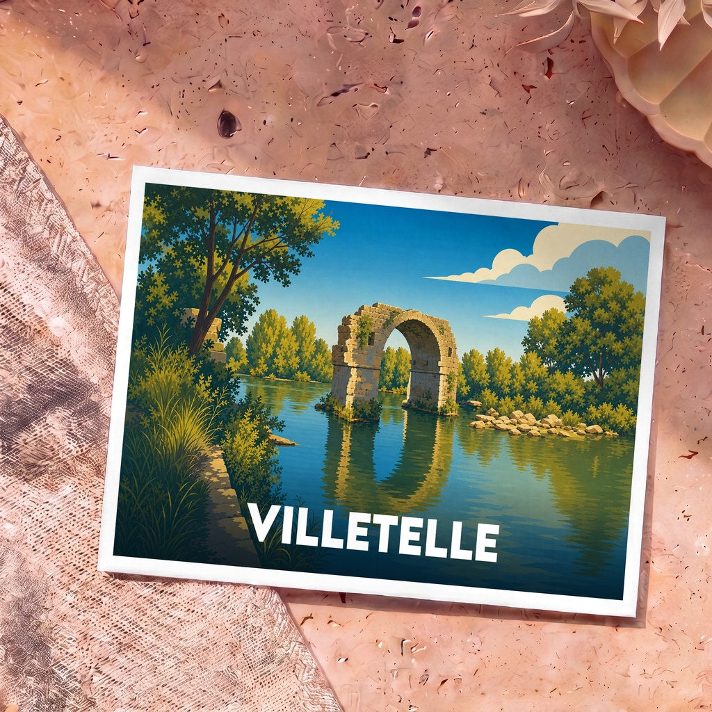 Carte postale souvenir de la ville de Villetelle illustrant un ancien pont de pierre en ruines au-dessus de l'eau.