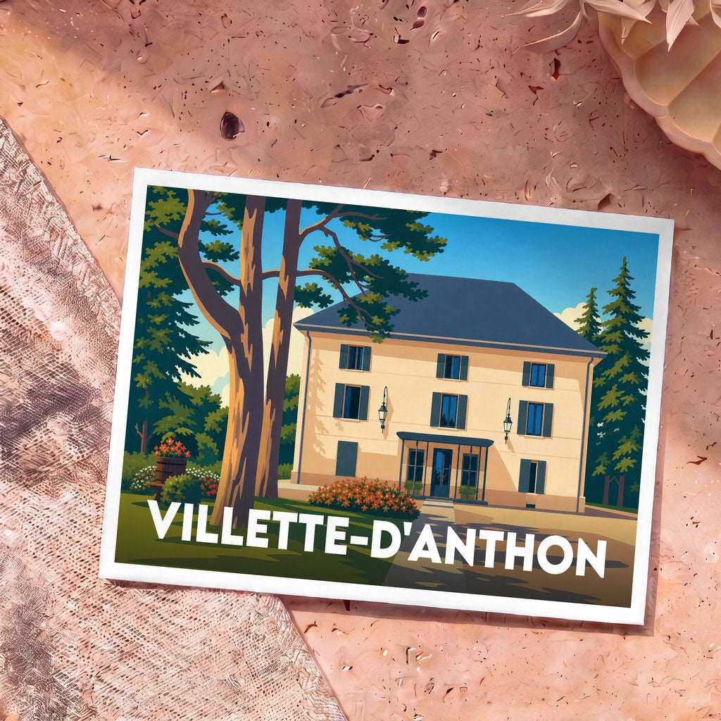 Carte postale souvenir de la ville de Villette-d'Anthon avec une illustration stylisée d'une demeure traditionnelle.