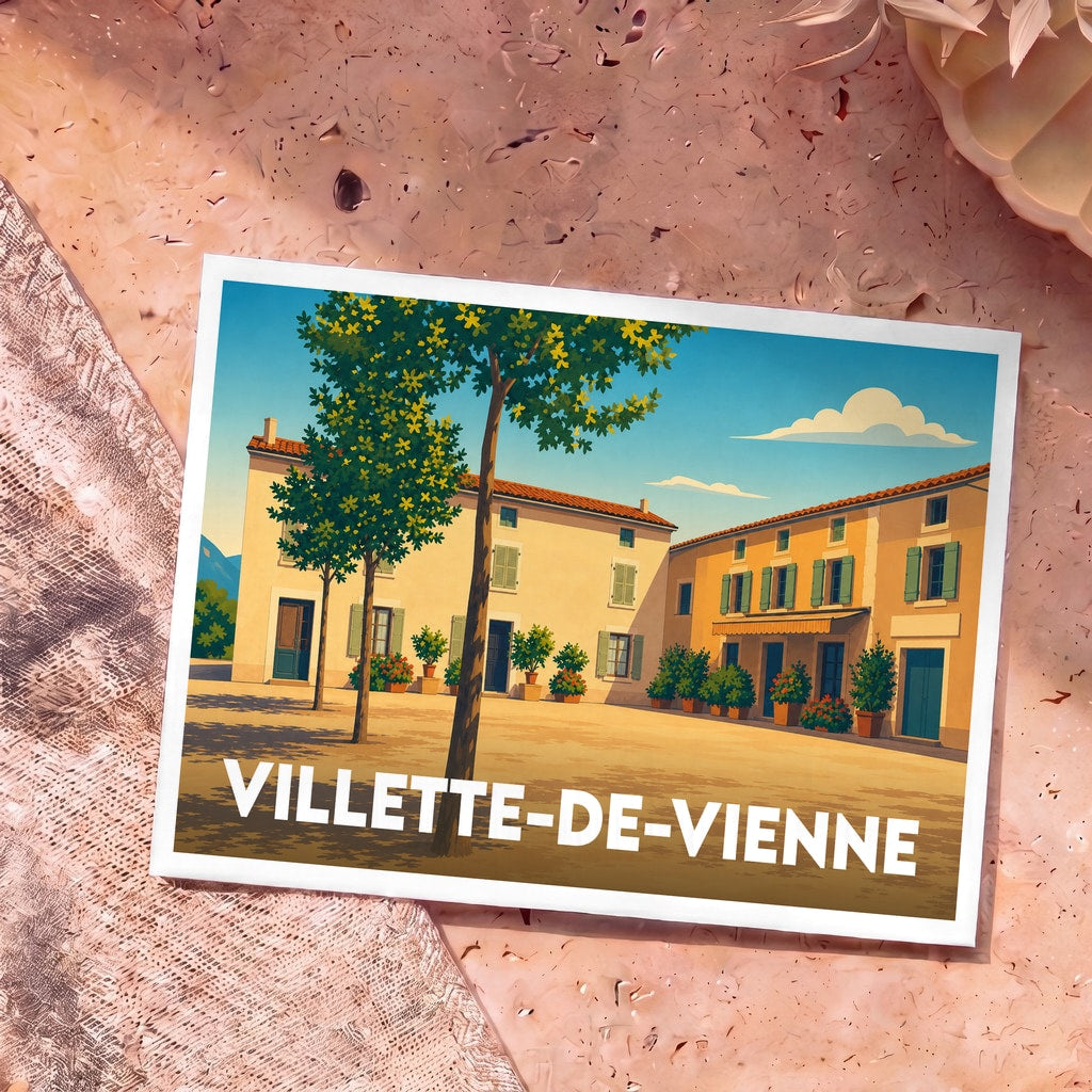 Carte postale souvenir de Villette-de-Vienne avec une illustration stylisée d'une place ensoleillée du village.