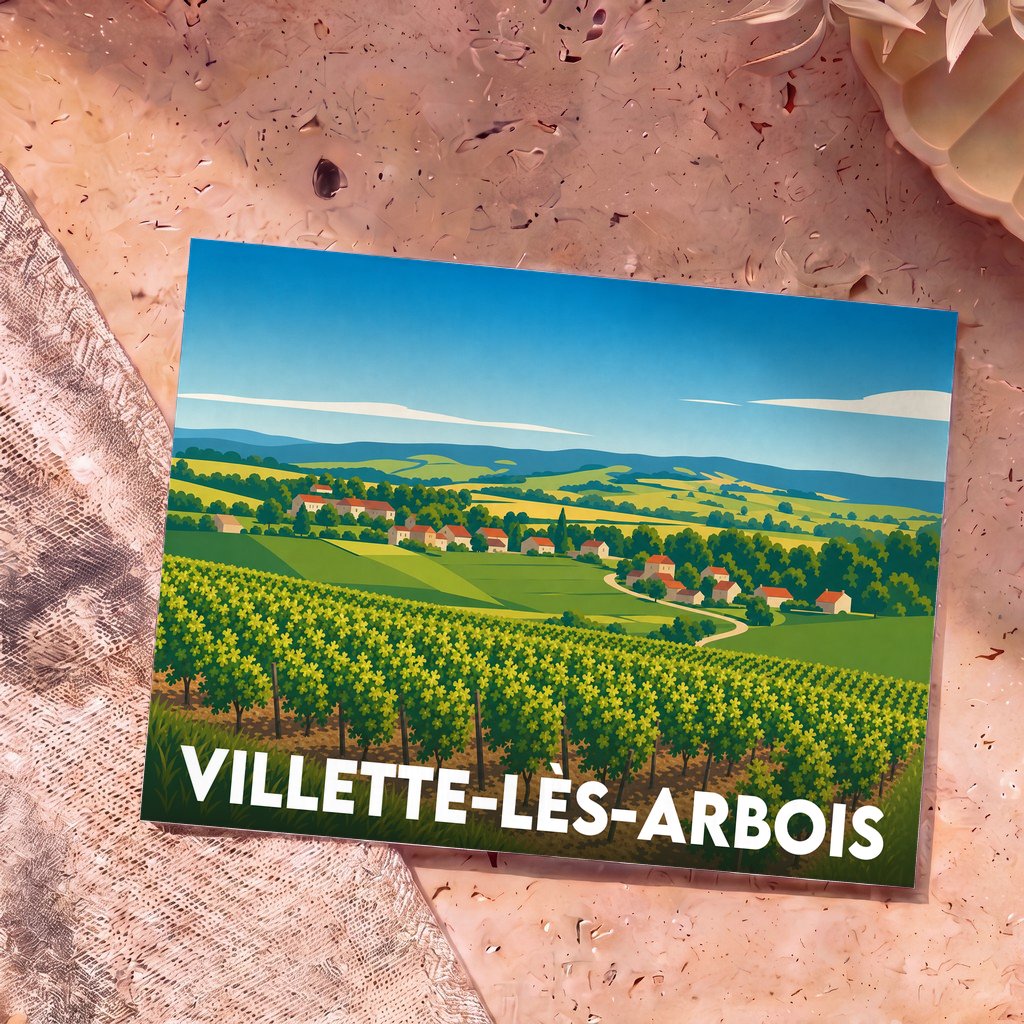 Carte postale souvenir de la commune de Villette-lès-Arbois avec une illustration stylisée de son paysage vallonné et de ses vignobles.