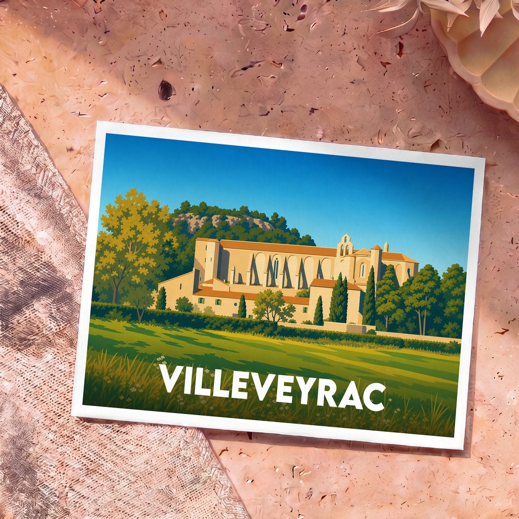 Carte postale souvenir de la ville de Villeveyrac avec une illustration stylisée de l'abbaye de Valmagne.