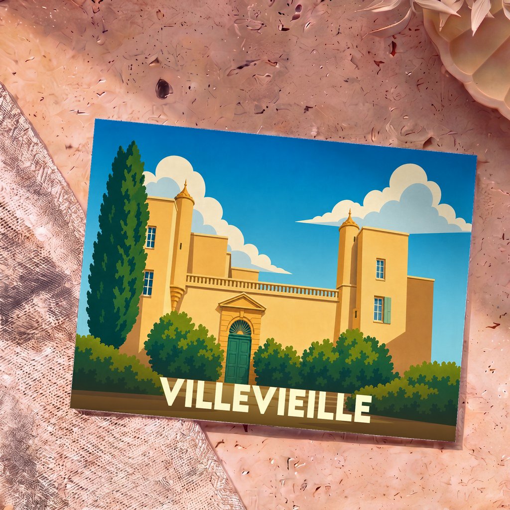 Carte postale souvenir de la ville de Villevieille avec une illustration stylisée de son château.