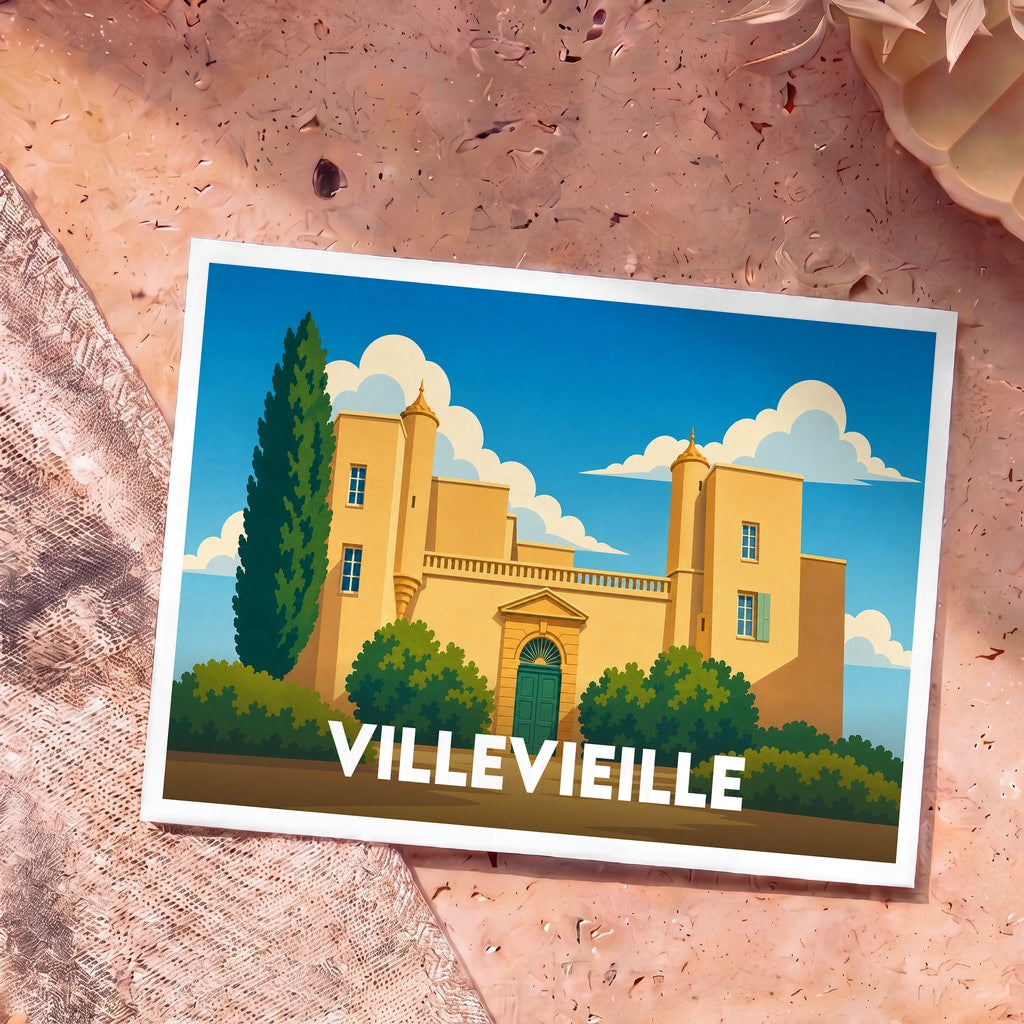 Carte postale souvenir de la ville de Villevieille avec une illustration stylisée de son château.