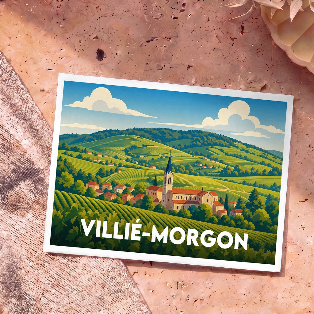 Carte postale souvenir de Villié-Morgon illustrant un paysage de vignobles et de collines dans un style graphique.