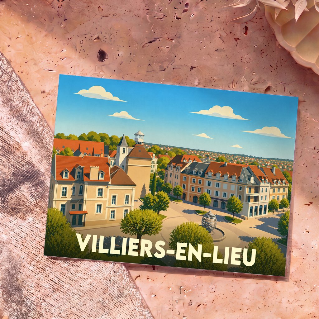 Carte postale souvenir de la ville de Villiers-en-Lieu illustrée d'un panorama urbain coloré et stylisé.