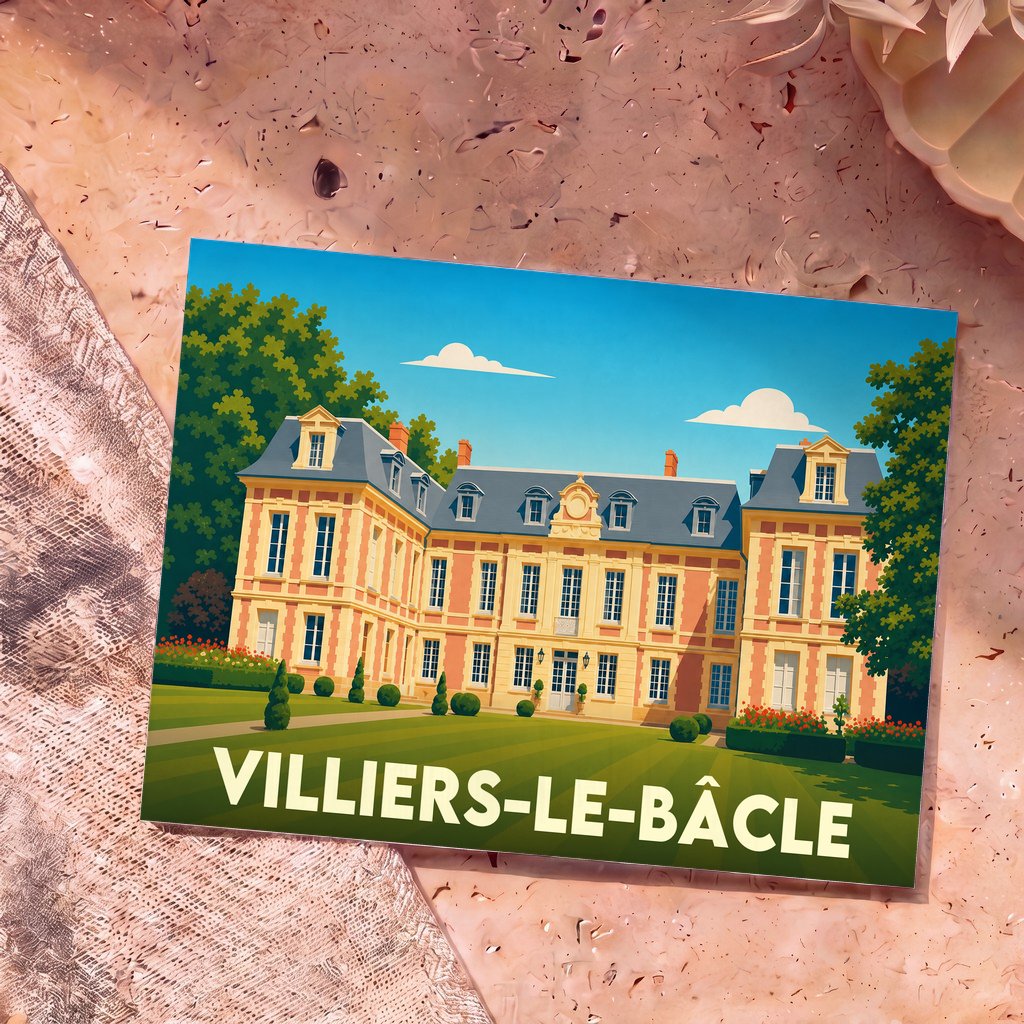 Carte postale souvenir de la ville de Villiers-le-Bâcle représentant une illustration stylisée d'un château.