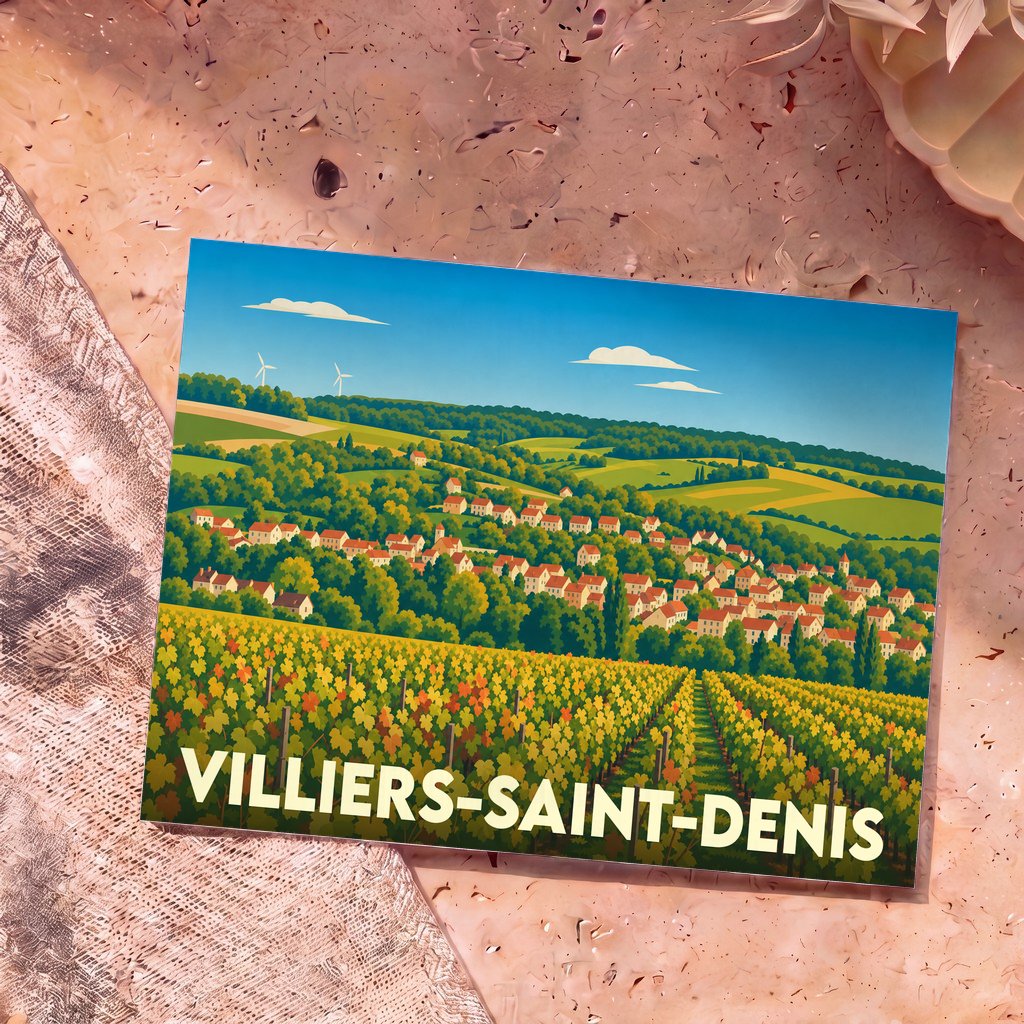 Carte postale souvenir de la ville de Villiers-Saint-Denis avec une illustration stylisée de son paysage vallonné et de ses vignobles.